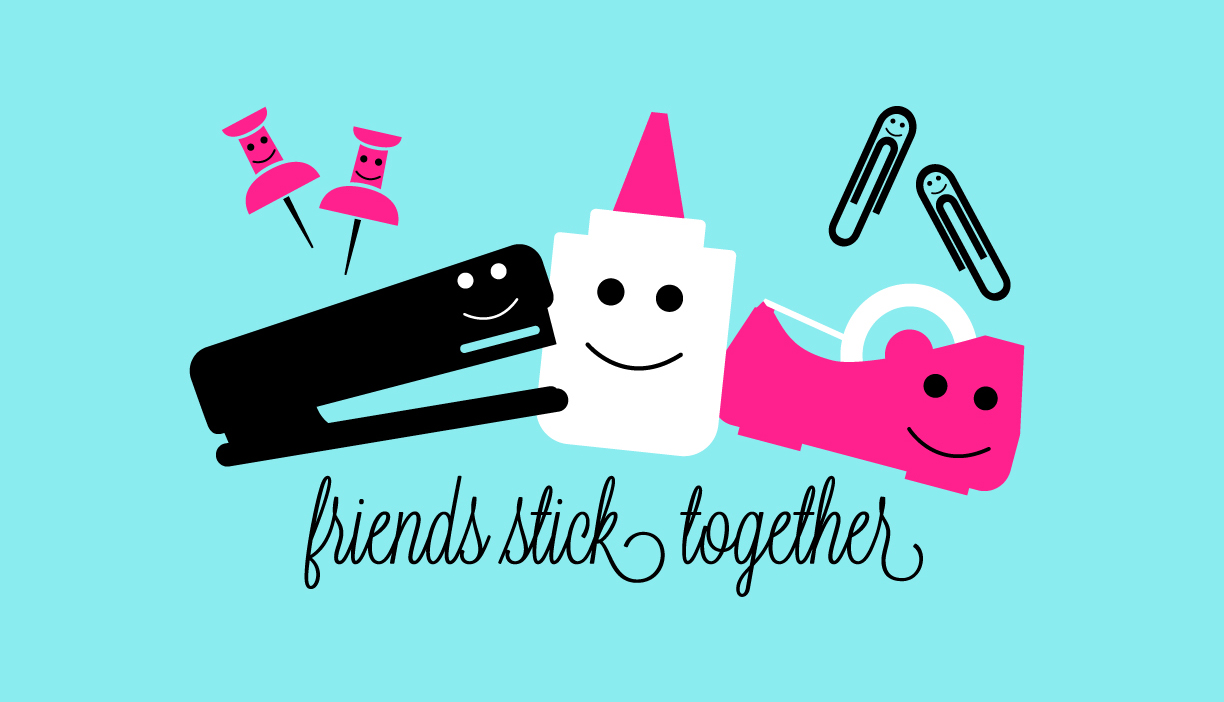 Delta Galil character screenprints: friends stick together - stapler, glue, tape