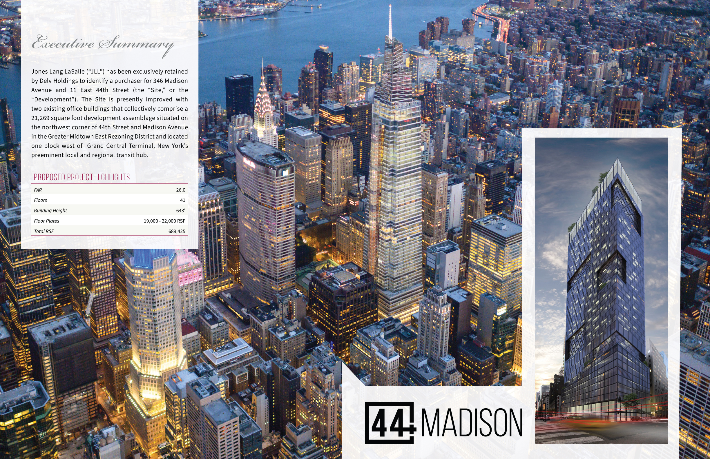 JLL / HFF, 44 + Mad, Madison Avenue, New York, OM, offering memorandum, select page spread