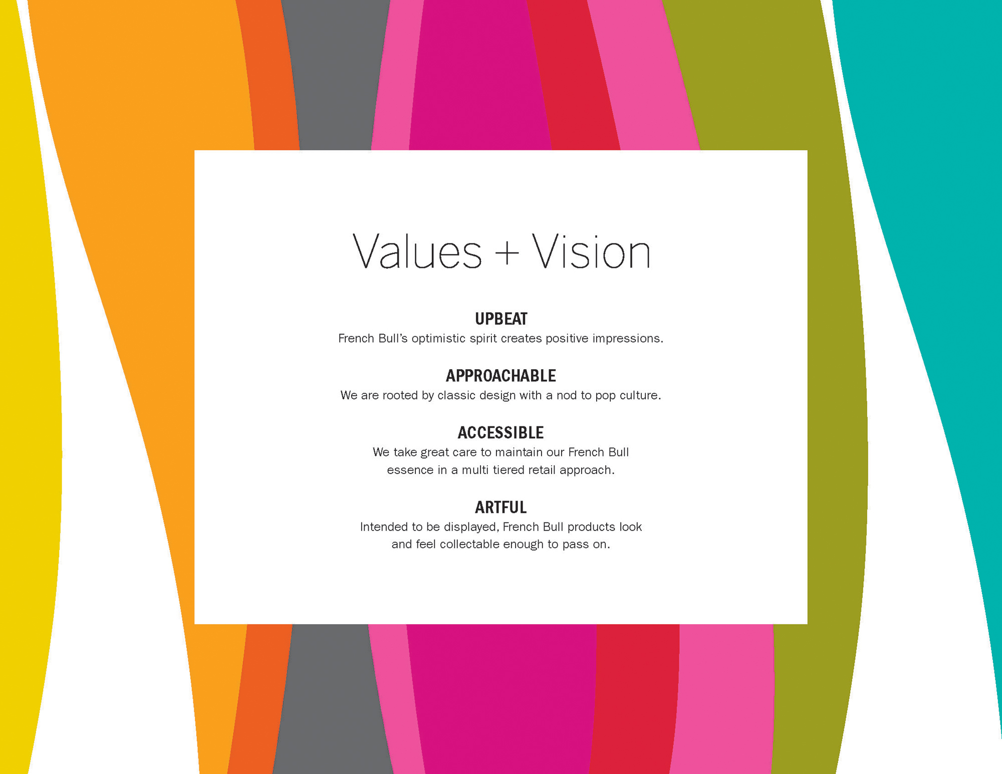 French Bull brand book interior spread: values and vision