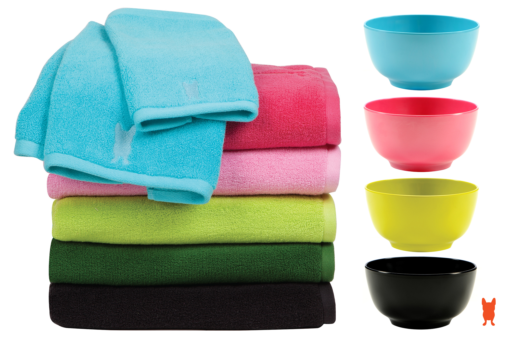 French Bull look book: solid colored towels and color-coordinating bowls
