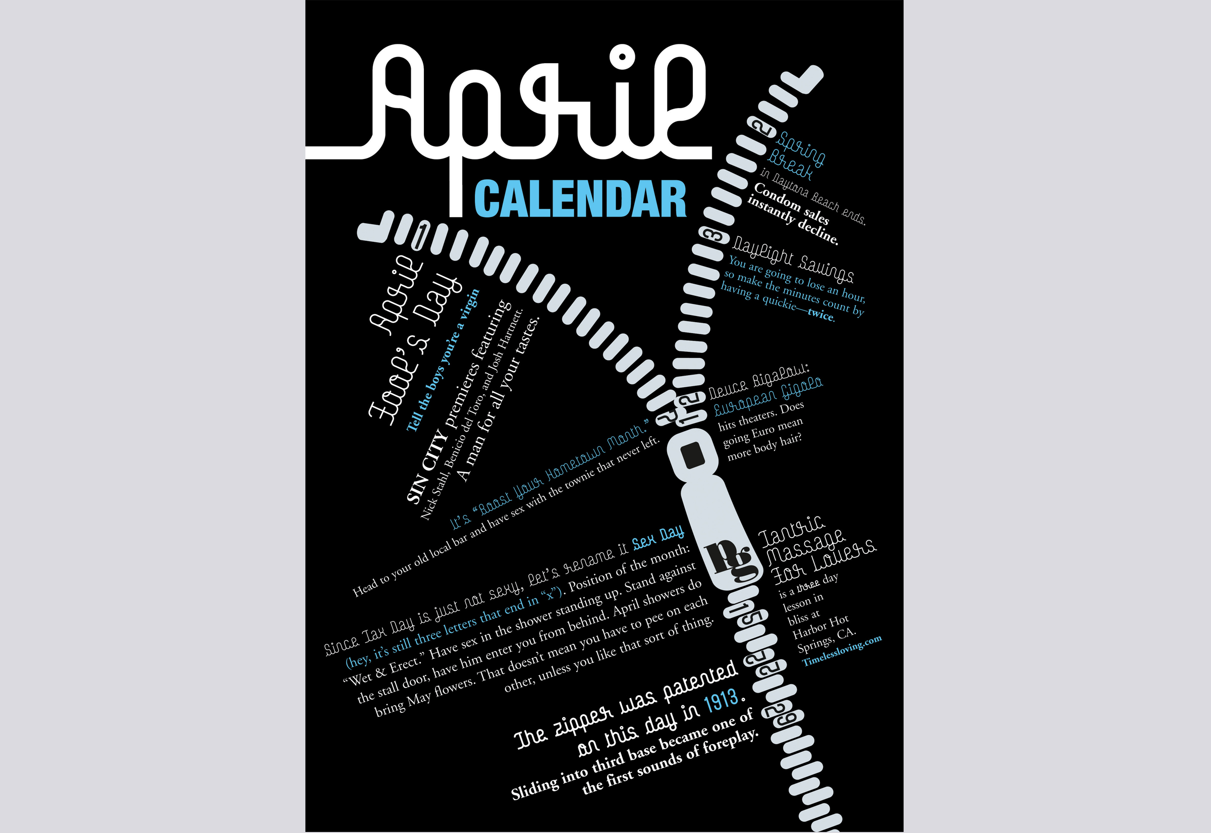 Playgirl Magazine April calendar; infographic, zipper